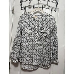 LOFT Button Blouse Petite Women's L Diamond Print Button Neck Long Sleeve preppy